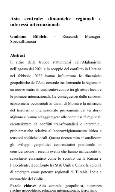 Paper" Asia centrale: dinamiche regionali e interessi nazionali", Giuliano Bifolchi, SpecialEurasia