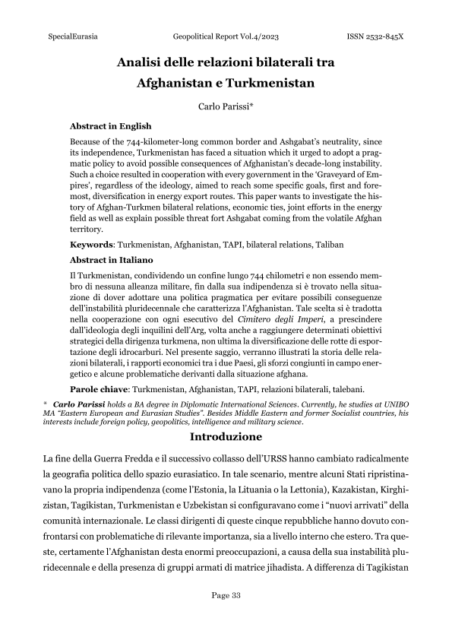Carlo Parissi, “Analisi delle Relazioni Bilaterali tra Afghanistan e Turkmenistan”, Geopolitical Report ISSN 2532-845X, Vol.4, 2023, pp. 33-43